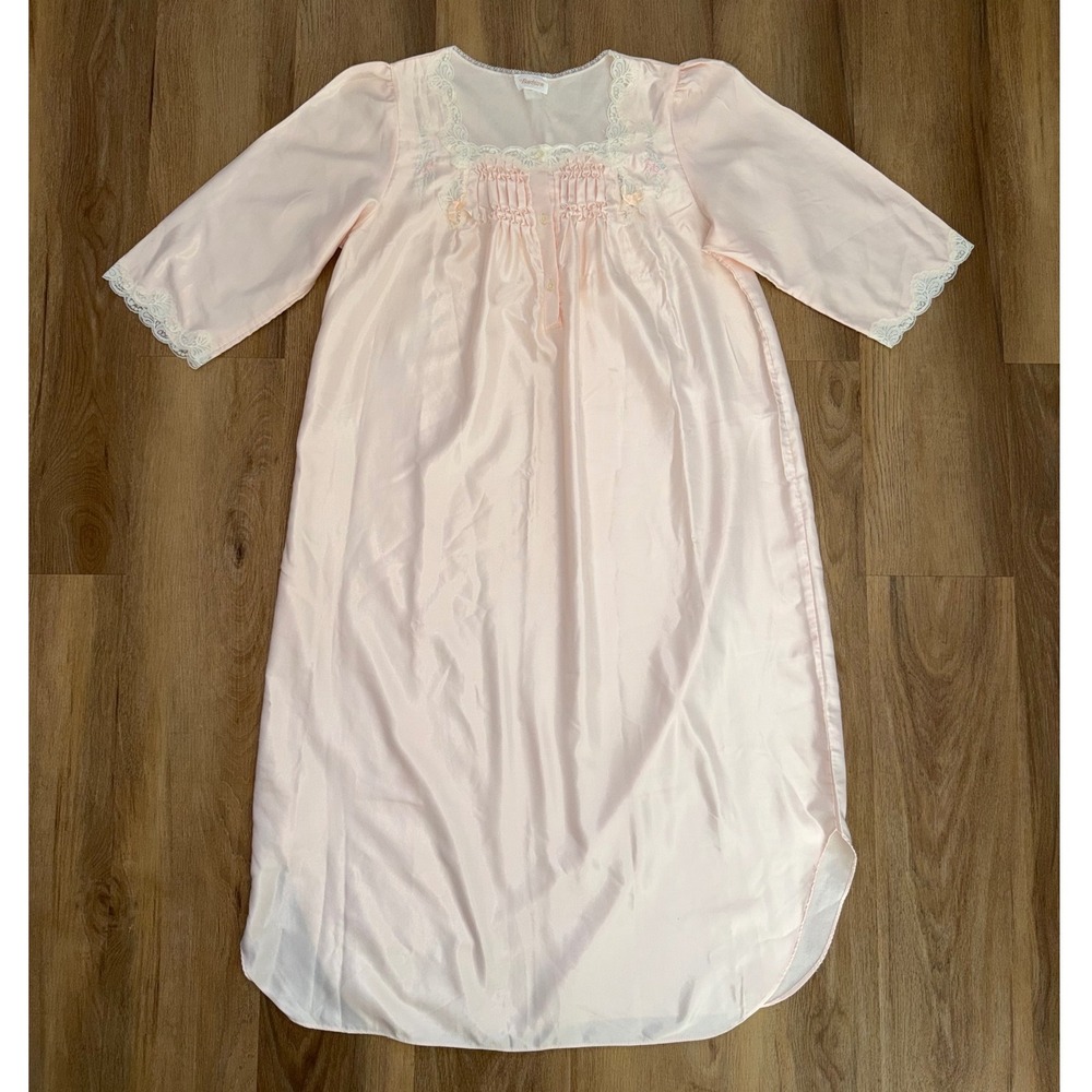 Vintage Barbizon Pink Satin Lace Nightgown Floral Embroidered Sleepwear Small